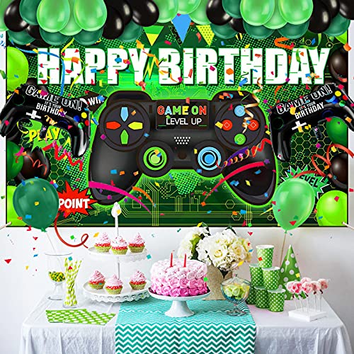 Banner y globos de feliz cumpleaños de Vubkkty, fondo de banner de videojuego, accesorios de decoración de cumpleaños para niños y adolescentes