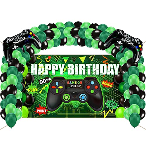 Banner y globos de feliz cumpleaños de Vubkkty, fondo de banner de videojuego, accesorios de decoración de cumpleaños para niños y adolescentes