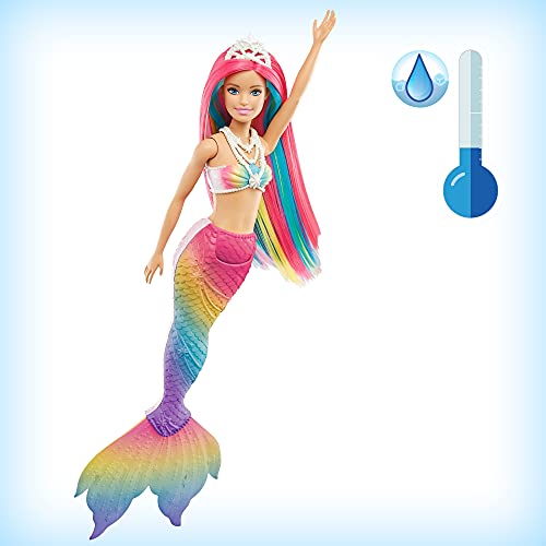 Barbie Muñeca Sirena - Función de Cambio de Color con Agua - Look Fantasía - Pelo Arcoíris y Tiara - Cola Multicolor - Regalo para Niños de 3-7 Años