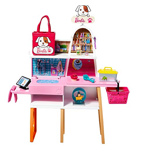 Barbie Tienda de mascotas Muñeca con establecimiento de animales y accesorios para mascotas de juguete (Mattel GRG90)