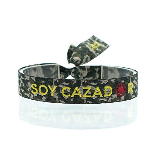BDM Pulsera de Hombre o Mujer con Tela de Camuflaje con Frase Soy Cazador Bordadas, Medidas 30 x 1,5 cm con Cierre Deslizante en Forma de Bola para Hombre y Mujer