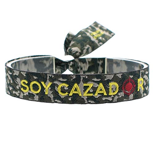 BDM Pulsera de Hombre o Mujer con Tela de Camuflaje con Frase Soy Cazador Bordadas, Medidas 30 x 1,5 cm con Cierre Deslizante en Forma de Bola para Hombre y Mujer