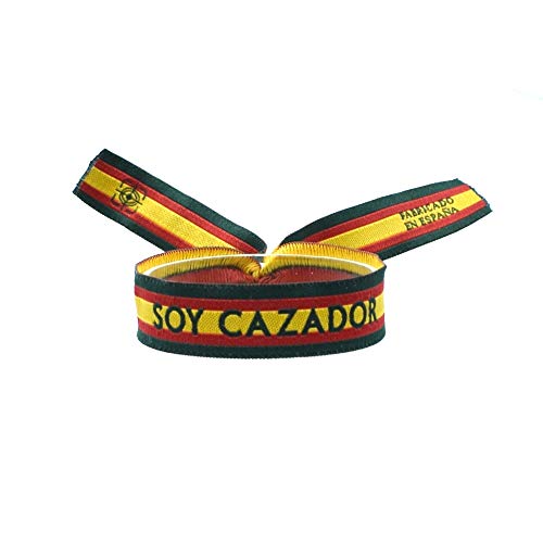 BDM Pulsera de Hombre o Mujer de Tela Verde Oscuro con la Bandera de España, y con Las Palabras Soy Cazador grabadas. Fan de la Caza, Cazador