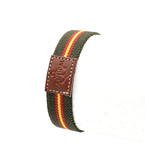 BDM Pulsera de Hombre y Mujer de Tela Verde Militar con la Bandera de España. Brazalete náutico elástico.