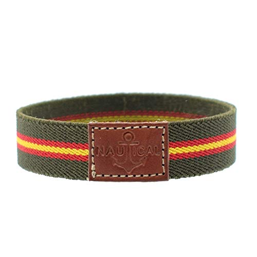 BDM Pulsera de Hombre y Mujer de Tela Verde Militar con la Bandera de España. Brazalete náutico elástico.