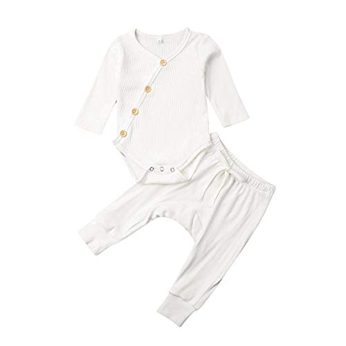 Bebé Recién Nacido Pijama 2 Piezas Conjunto de Ropa para Dormir de Algodón Pelele Unisex de Niños Niñas Pequeños Mameluco/Camiseta de Manga Larga + Pantalones Largos (Blanco, 6-12 Meses)