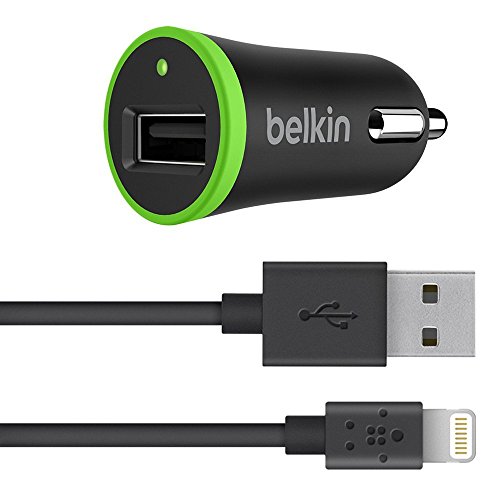 Belkin cargador para coche de 2,4 A con cable Lightning, para iPhone 12, 12 Pro, 12 Pro Max, 12 mini, 11, 11 Pro/Pro Max, XS/XS Max, XR, X, 8/8 Plus, iPad y iPod Touch, certificación MFi, negro