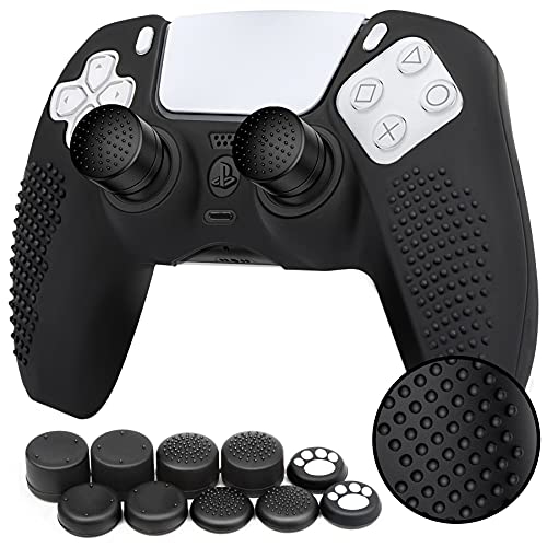 Benazcap Accesorios de Silicona para PS5 DualSense, Controlador PS5 Skin x 1, con Agarre para Pulgar x 10, Compatible con Base de Carga Oficial, Color Negro