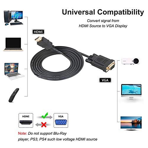 BENFEI Cable HDMI a VGA, Chapado en Oro Macho a Macho para Ordenador, portátil, PC, Monitor, proyector, HDTV, Chromebook, Raspberry Pi, Roku, Xbox y más, Negro 1,8 m