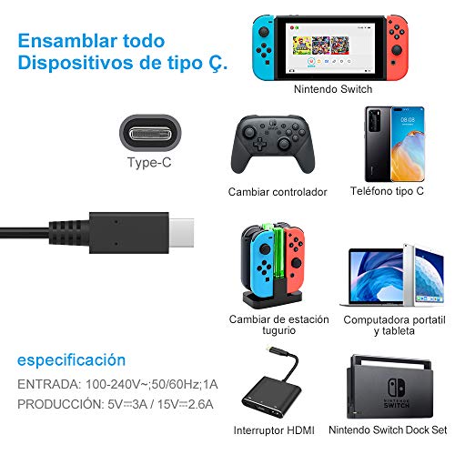 BERLS Cargador para Nintendo Switch/NS Switch, 15V 2.6A USB Tipo C, Carga Rápida Adaptador de Corriente, Compatible con Modo TV Control Dock Smart Phone HDMI Adapter Laptop & Tablet (6ft Cable)
