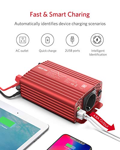 BESTEK Inversor Onda Pura 300W, Inversor de Corriente 12v a 220v para Coche con 2 USB Puertos 4,2A y 1 Toma de AC para Phone Pad Tableta TV PSP