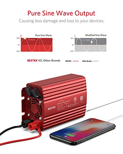 BESTEK Inversor Onda Pura 300W, Inversor de Corriente 12v a 220v para Coche con 2 USB Puertos 4,2A y 1 Toma de AC para Phone Pad Tableta TV PSP