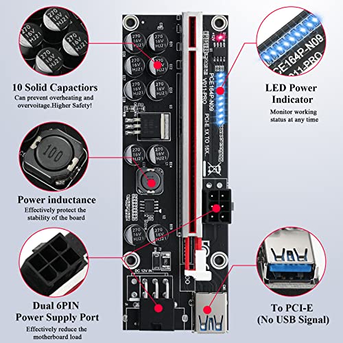 BEYIMEI PCIE Riser 1x a 16x GPU Riser Board, V011-PRO Tarjeta de Expansión, 60cm USB Cable, 2*6PIN Opciones de Alimentación, 10 Condensadores Sólidos, Tarjeta Gráfica GPU Crypto Moneda Minería (6PCS)