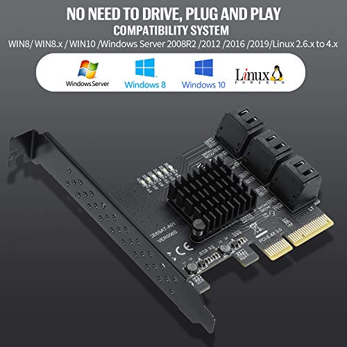 BEYIMEI Tarjeta PCI-E 4X SATA 3.0 de 6 Puertos, con 6 Cables SATA y Soporte de Perfil Bajo, Tarjeta Controladora PCIE SATA III de 6Gbps, Arranque como Disquete del Sistema, para 6 Dispositivos SATA 3