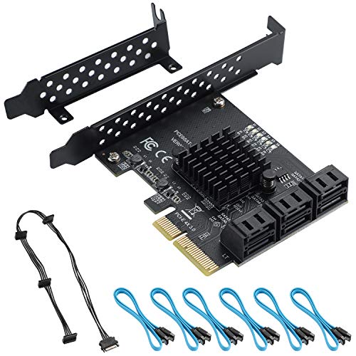 BEYIMEI Tarjeta PCI-E 4X SATA 3.0 de 6 Puertos, con 6 Cables SATA y Soporte de Perfil Bajo, Tarjeta Controladora PCIE SATA III de 6Gbps, Arranque como Disquete del Sistema, para 6 Dispositivos SATA 3