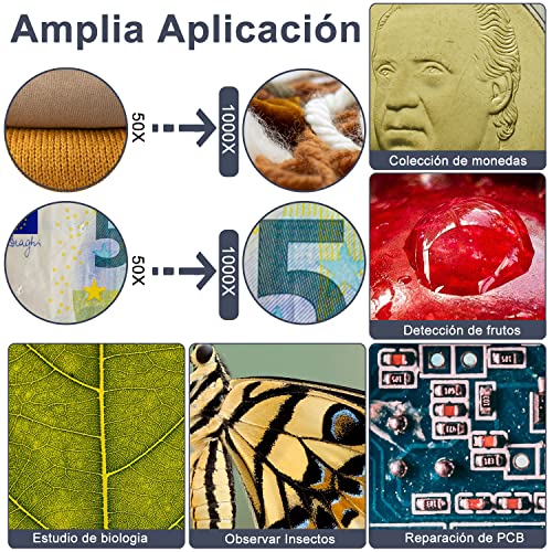 BIGFOX Microscopio Digital WiFi 1080P, Mini Microscopio Zoomable con Aumento de 50X a 1000X, Microscopio Portátil con 8 Leds y Metal Soporte Compatible con Android, iPad, PC, Mac, Windows