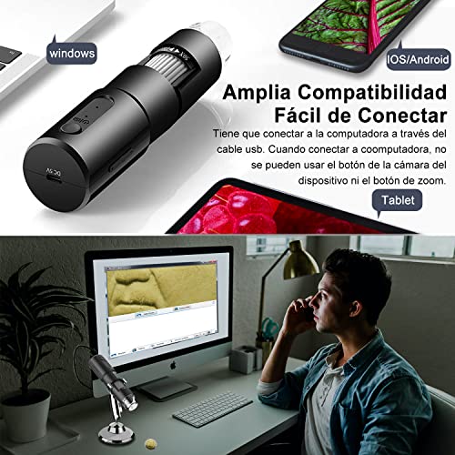BIGFOX Microscopio Digital WiFi 1080P, Mini Microscopio Zoomable con Aumento de 50X a 1000X, Microscopio Portátil con 8 Leds y Metal Soporte Compatible con Android, iPad, PC, Mac, Windows