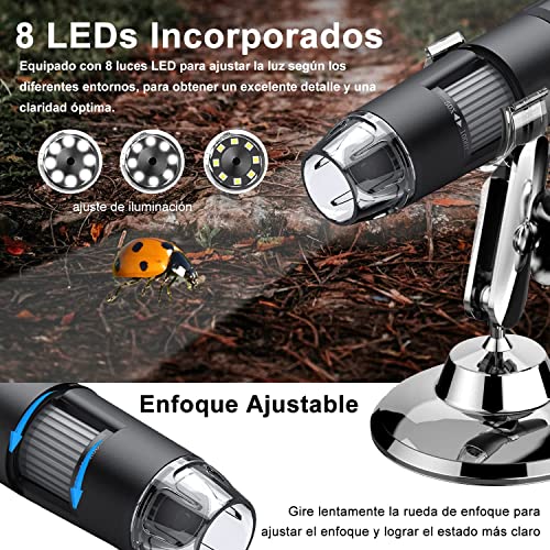 BIGFOX Microscopio Digital WiFi 1080P, Mini Microscopio Zoomable con Aumento de 50X a 1000X, Microscopio Portátil con 8 Leds y Metal Soporte Compatible con Android, iPad, PC, Mac, Windows