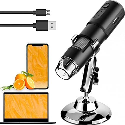 BIGFOX Microscopio Digital WiFi 1080P, Mini Microscopio Zoomable con Aumento de 50X a 1000X, Microscopio Portátil con 8 Leds y Metal Soporte Compatible con Android, iPad, PC, Mac, Windows