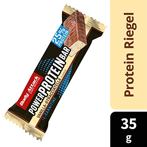 Body Attack- Power Protein Bar, Barra proteica con L-Carnitina y Vitaminas 24x35g, stracciatella de vainilla