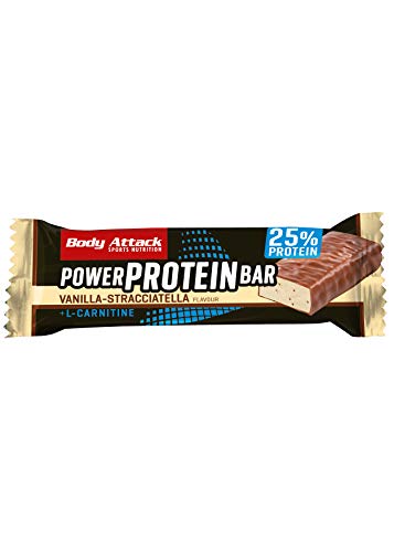 Body Attack- Power Protein Bar, Barra proteica con L-Carnitina y Vitaminas 24x35g, stracciatella de vainilla