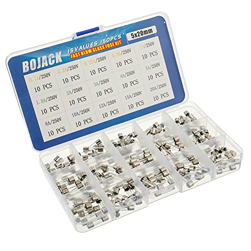 BOJACK 15 Valores Surtido de fusibles de vidrio con conector rápido 150pcs 5x20mm 250V 0.1 0.2 0.25 0.5 1 1.5 2 3 4 5 8 10 12 15 20A Embalaje en caja de plástico transparente