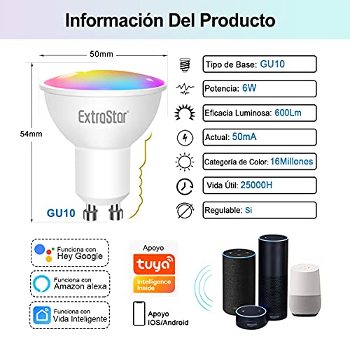 Bombilla LED Inteligente WiFi,Extrastar 2 Pack 6W GU10 Bombilla LED Luces Cálidas/Frías & RGB, Lámpara WiFi Funciona con Alexa (Echo, Echo Dot) Google Home