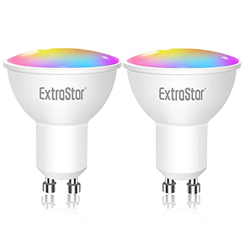 Bombilla LED Inteligente WiFi,Extrastar 2 Pack 6W GU10 Bombilla LED Luces Cálidas/Frías & RGB, Lámpara WiFi Funciona con Alexa (Echo, Echo Dot) Google Home