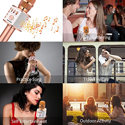 BONAOK Micrófono Inalámbrico de Karaoke Bluetooth, 3-en-1 Portátil Karaoke Portátil Mic Regalo de Cumpleaños Equipo de Altavoces para Ffiestas en el Hogar para iPhone/Android/iPad PC (Oro Rosa)