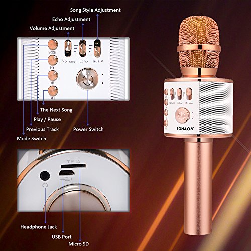 BONAOK Micrófono Inalámbrico de Karaoke Bluetooth, 3-en-1 Portátil Karaoke Portátil Mic Regalo de Cumpleaños Equipo de Altavoces para Ffiestas en el Hogar para iPhone/Android/iPad PC (Oro Rosa)