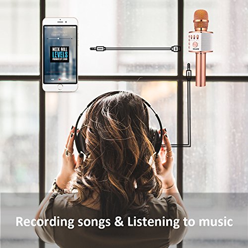 BONAOK Micrófono Inalámbrico de Karaoke Bluetooth, 3-en-1 Portátil Karaoke Portátil Mic Regalo de Cumpleaños Equipo de Altavoces para Ffiestas en el Hogar para iPhone/Android/iPad PC (Oro Rosa)