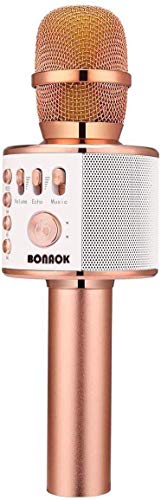 BONAOK Micrófono Inalámbrico de Karaoke Bluetooth, 3-en-1 Portátil Karaoke Portátil Mic Regalo de Cumpleaños Equipo de Altavoces para Ffiestas en el Hogar para iPhone/Android/iPad PC (Oro Rosa)
