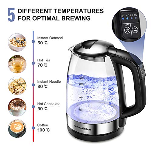 Bonsenkitchen Hervidor de Agua Eléctrico, Hervidor de Cristal con Control de Temperatura y Función de Mantener Caliente, Tetera con Sistema de Protección Contra Quemaduras en Seco, sin BPA1.7