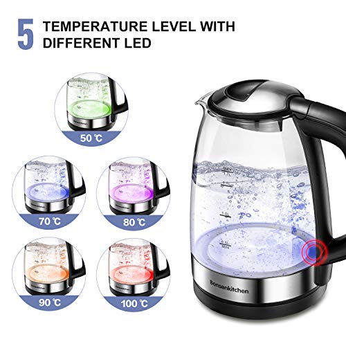 Bonsenkitchen Hervidor de Agua Eléctrico, Hervidor de Cristal con Control de Temperatura y Función de Mantener Caliente, Tetera con Sistema de Protección Contra Quemaduras en Seco, sin BPA1.7