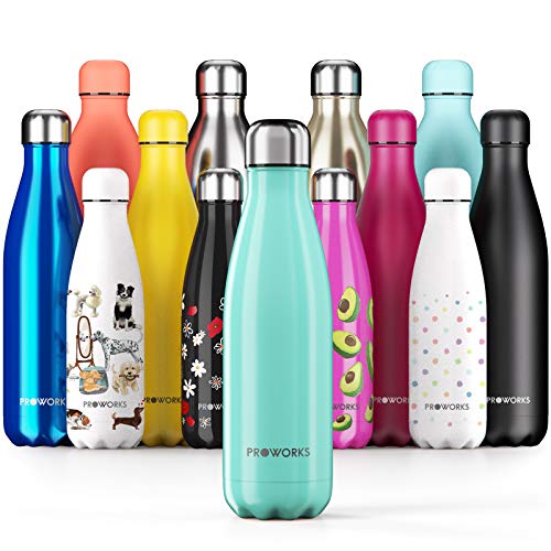 Botella de agua de acero inoxidable Proworks, sin BPA, térmicamente aislada al vacío, 500 ml verde