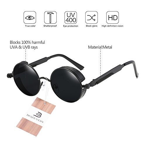 BOZEVON Punk Gafas de sol Redondas - Gafas de sol Retro Clásicas de Ciclismo de Metal Para Mujeres y Hombres Negro-Gris
