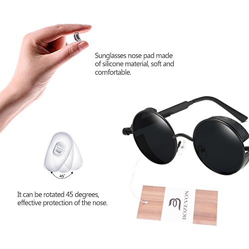 BOZEVON Punk Gafas de sol Redondas - Gafas de sol Retro Clásicas de Ciclismo de Metal Para Mujeres y Hombres Negro-Gris