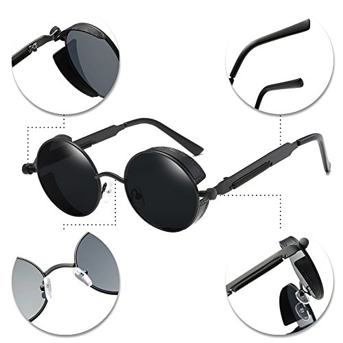 BOZEVON Punk Gafas de sol Redondas - Gafas de sol Retro Clásicas de Ciclismo de Metal Para Mujeres y Hombres Negro-Gris