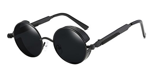 BOZEVON Punk Gafas de sol Redondas - Gafas de sol Retro Clásicas de Ciclismo de Metal Para Mujeres y Hombres Negro-Gris
