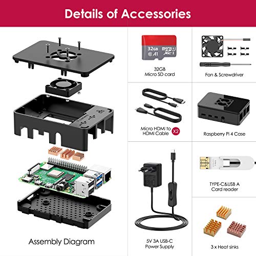 Bqeel Raspberry Pi 4 Model B Kit 【4GB RAM+32GB MicroSD 】 Versión Actualizada de Raspberry pi 3b+ con 2 Cable HDMI,Doble WiFi, Ventilador, 5.1V 3A Adaptador con Interruptor