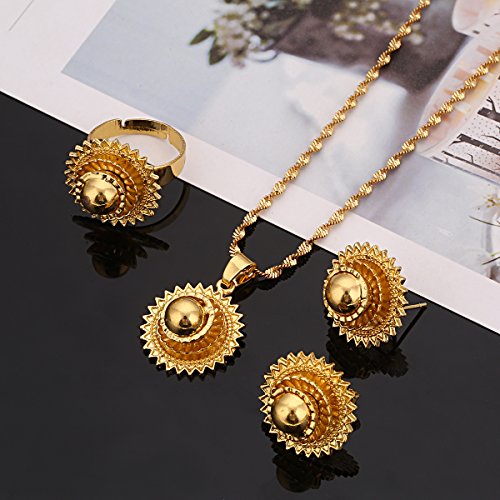 BR Gold Jewelry Juego de Collar y Pendientes chapados en Oro con Diseño de Flores africanas de etíope.