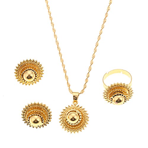 BR Gold Jewelry Juego de Collar y Pendientes chapados en Oro con Diseño de Flores africanas de etíope.