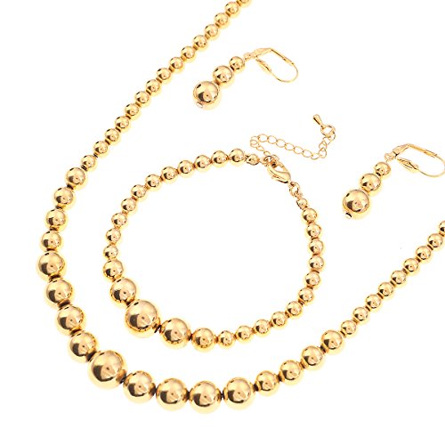 BR Gold Jewelry Juego de Collar y Pulsera con Cuentas africanas Brillantes Lisas con Bola etíope