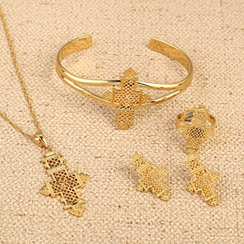 BR Gold Jewelry Juego de Joyas con Colgante de Cruz católica y Cruz cóptica de Jesús