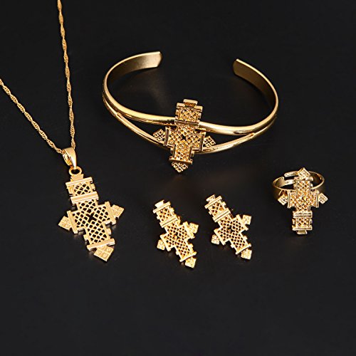 BR Gold Jewelry Juego de Joyas con Colgante de Cruz católica y Cruz cóptica de Jesús