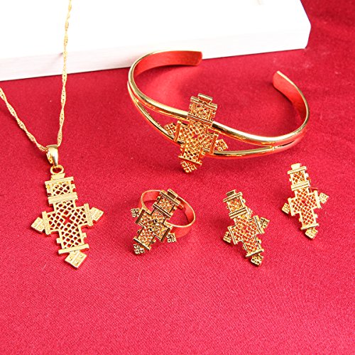 BR Gold Jewelry Juego de Joyas con Colgante de Cruz católica y Cruz cóptica de Jesús