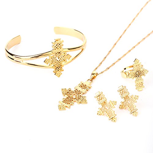 BR Gold Jewelry Juego de Joyas con Colgante de Cruz católica y Cruz cóptica de Jesús