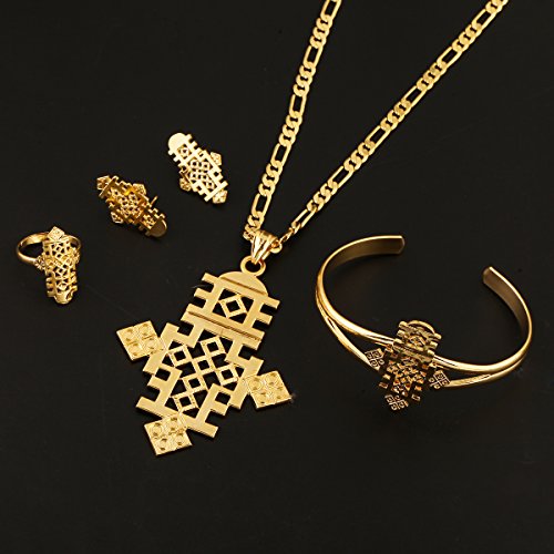 BR Gold Jewelry Juego de Joyas con Colgante de Cruz Grande de 8,7 cm, Oro y Cruz copta de Cruz Africana