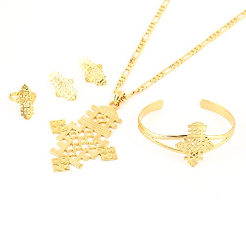 BR Gold Jewelry Juego de Joyas con Colgante de Cruz Grande de 8,7 cm, Oro y Cruz copta de Cruz Africana