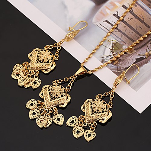 BR Gold Jewelry Juego de Joyería de Fiesta Africana para Novia árabe, Boda, Flor de Oro etíope y Corazón, para Mujeres